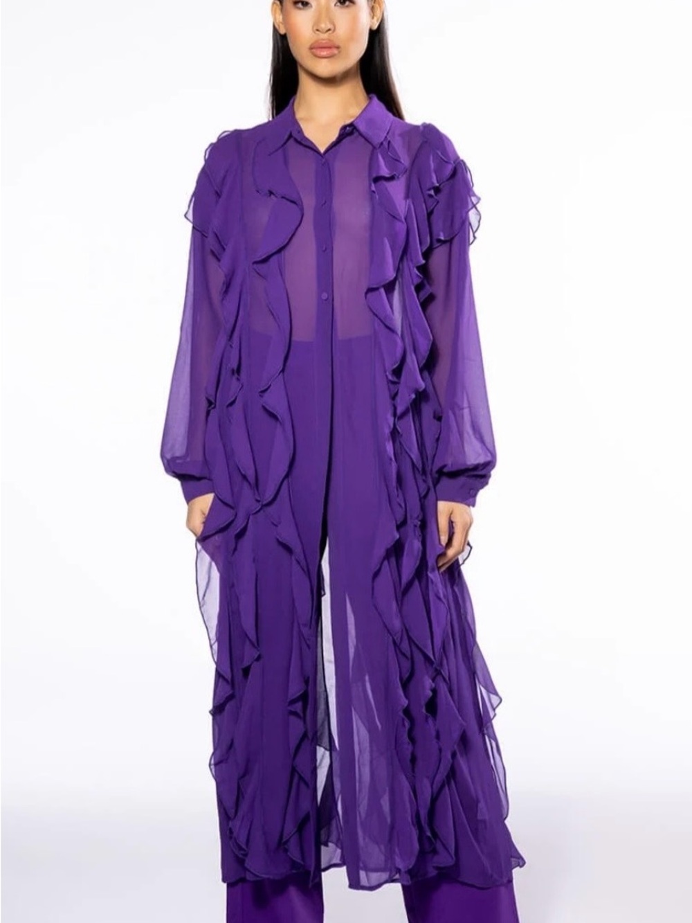 AKIRA Purple Sheer Ruffle Maxi Dress